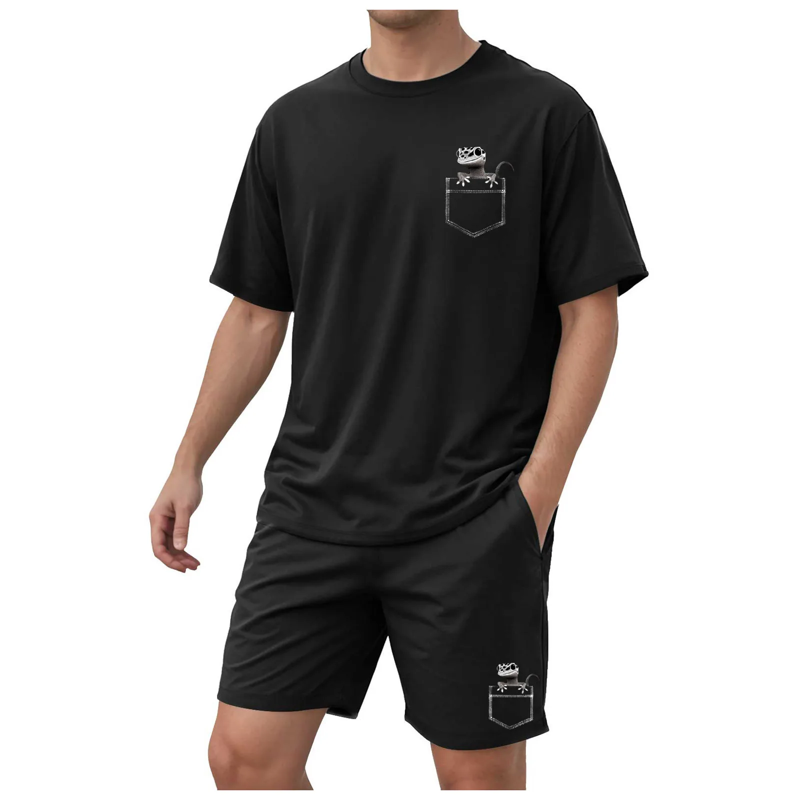 

Mens Outfit Men's Pocket Cute Little Lacertid Partial Print Short Sleeve Shorts Suit Mens Classic Suit Jacket