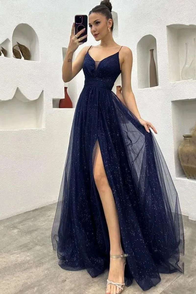 Custom Navy Blue Sequined Evening Dresses Sexy Backless A Line Spaghetti Straps Split Women occasion Party Prom Gowns Plus Size