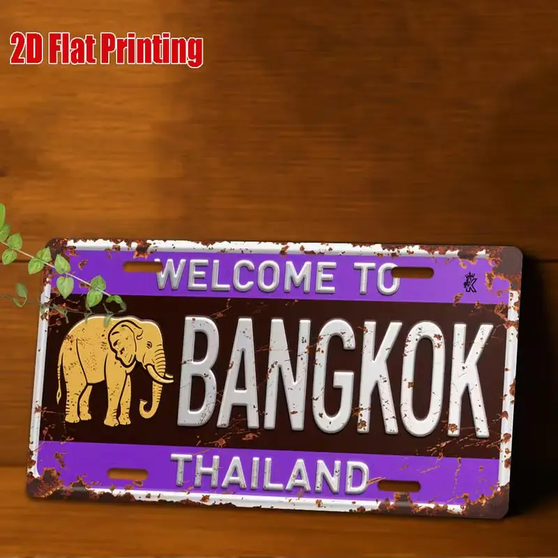 2D Flat, 1pc Vintage Thai License Plate - Bangkok Thailand - Purple and Golden Vintage Design - Large Size 11.8x5.9 Inches (30x1