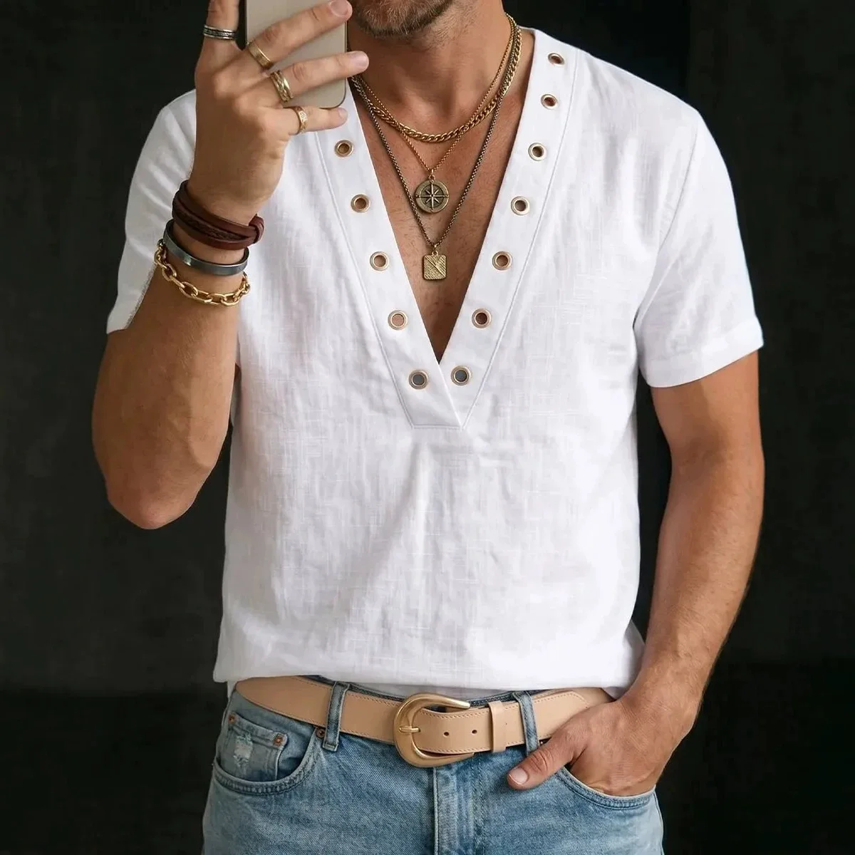 

2026 New American Style Casual Loose Short Sleeve Button T-Shirt Men's Business Style V-Neck Color Polyester Fabric