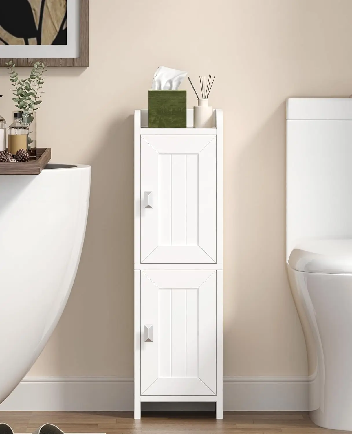 

Slim Bathroom Cabinet with 2 Doors, Narrow Toilet Paper Storage for Small Spaces, Corner Unit with Adjustable Shelf, White