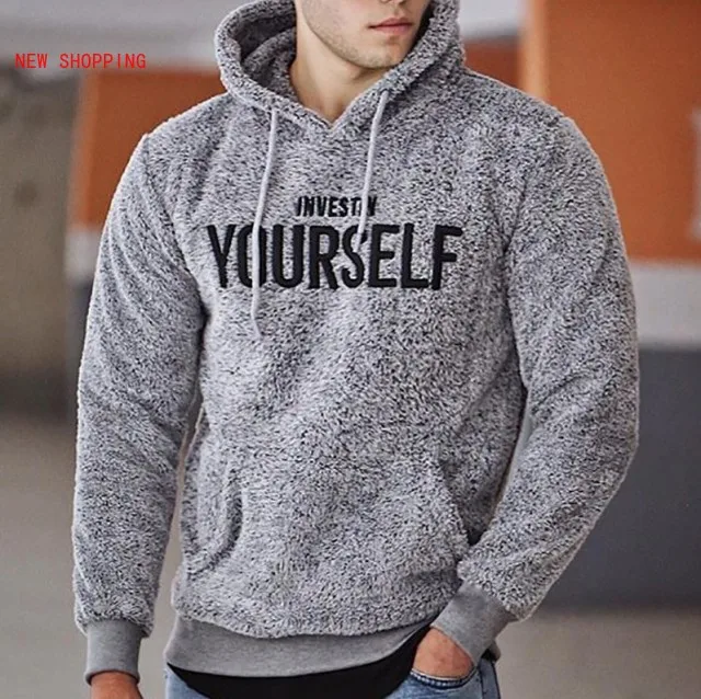 

Plush Fleece Hoodie Sweatshirts Casual Long Sleeve Letter Print Hooded Pullover Teddy Tops Fashion Street Autumn Winter Men Warm