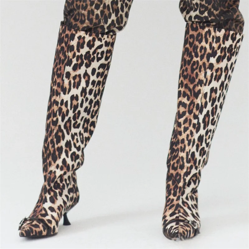 European and American Leopard Print Wide Tube Autumn and Winter New Low Heel Knee High Tube Boots Cross-Border Oversized Shoes