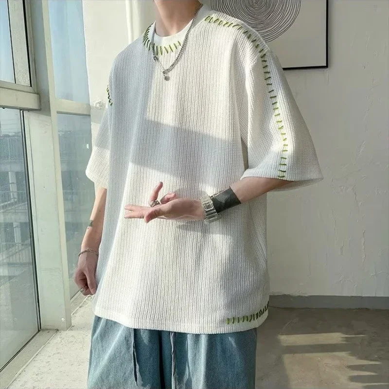 

2025 New Stitch Design Waffle T-shirts For Men Round Neck Short Sleeve Tee Tops Summer Y2K Streetwear Solid Oversized T Shirt