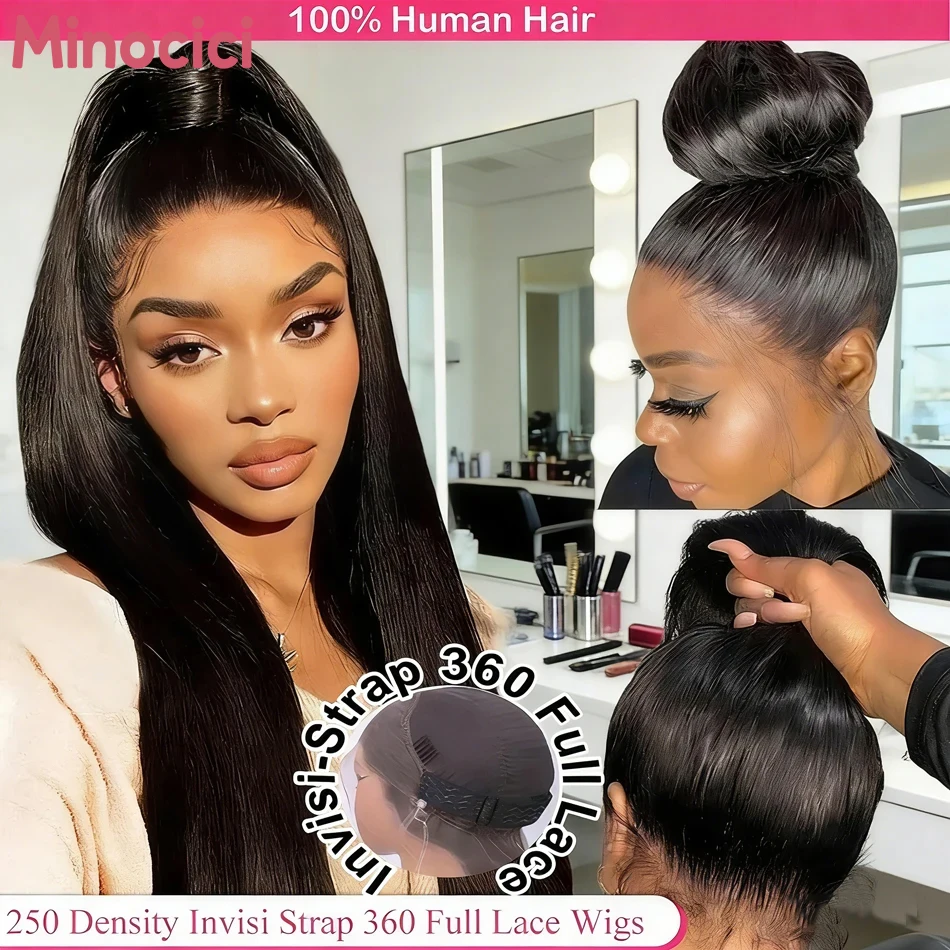 

220 Плотность 360 Полный парик шнурка Прямые парики из натуральных волос 100% предварительно выщипанные Hd 360 Кружевные фронтальные парики Невидимый шнурок 40 дюймов