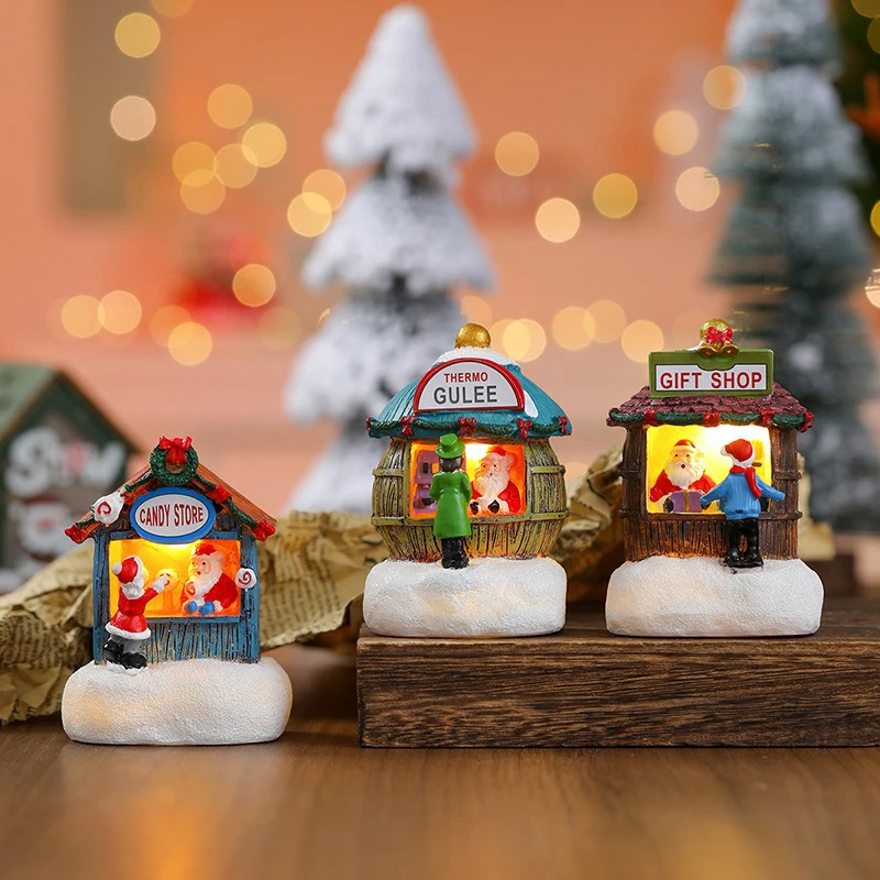 LED Christmas Scene Village House Ornaments Decorations Building for Party Office Desktop Xmas Decor Holiday Popcorn House