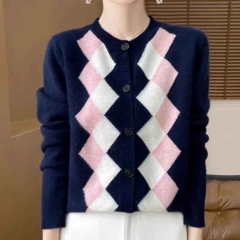 2025 New Autumn Cardigan Women's Diamond Checkered Color-blocked Sweater Jacket Loose Knitted Sweater Outer Top