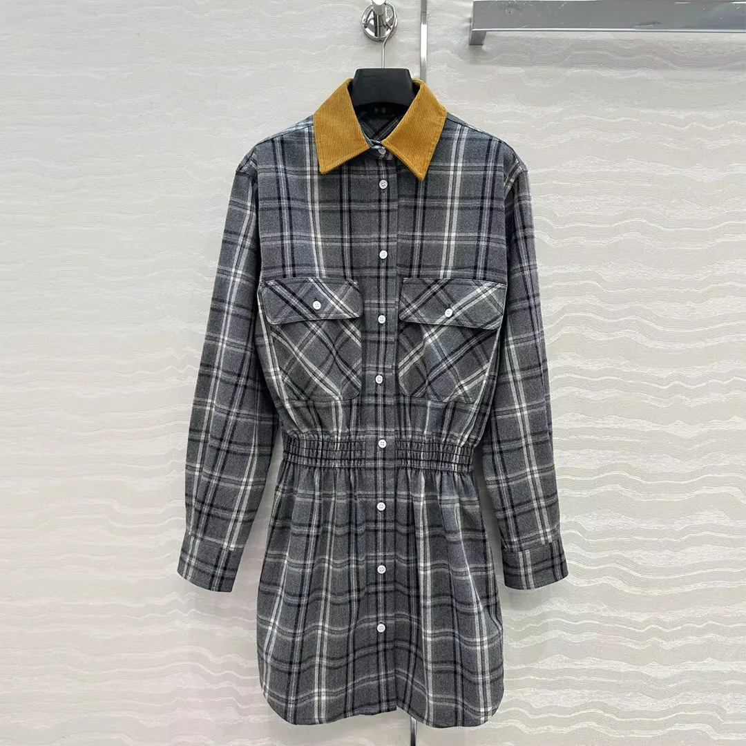 

Preppy Style Vintage Gray Plaid Mini Dress Women Corduroy Spliced Lapel Long Sleeve Front Pockets Elastic Waist Shirt Dresses