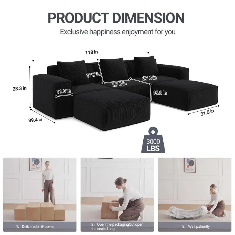 أريكة معيارية مقاس 118 بوصة تتحول إلى سرير أريكة كبير الحجم، تكوين مرن، نسيج مخملي سحابي قصير ناعم، مجموعة من 3 أشخاص مع 2