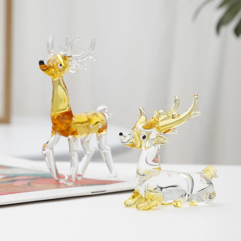 

2Pcs Glass Deer Figurines Collectible Art Glass Animals Statue Hand Blown Sika Deer Sculpture Home Table Decoration Ornaments