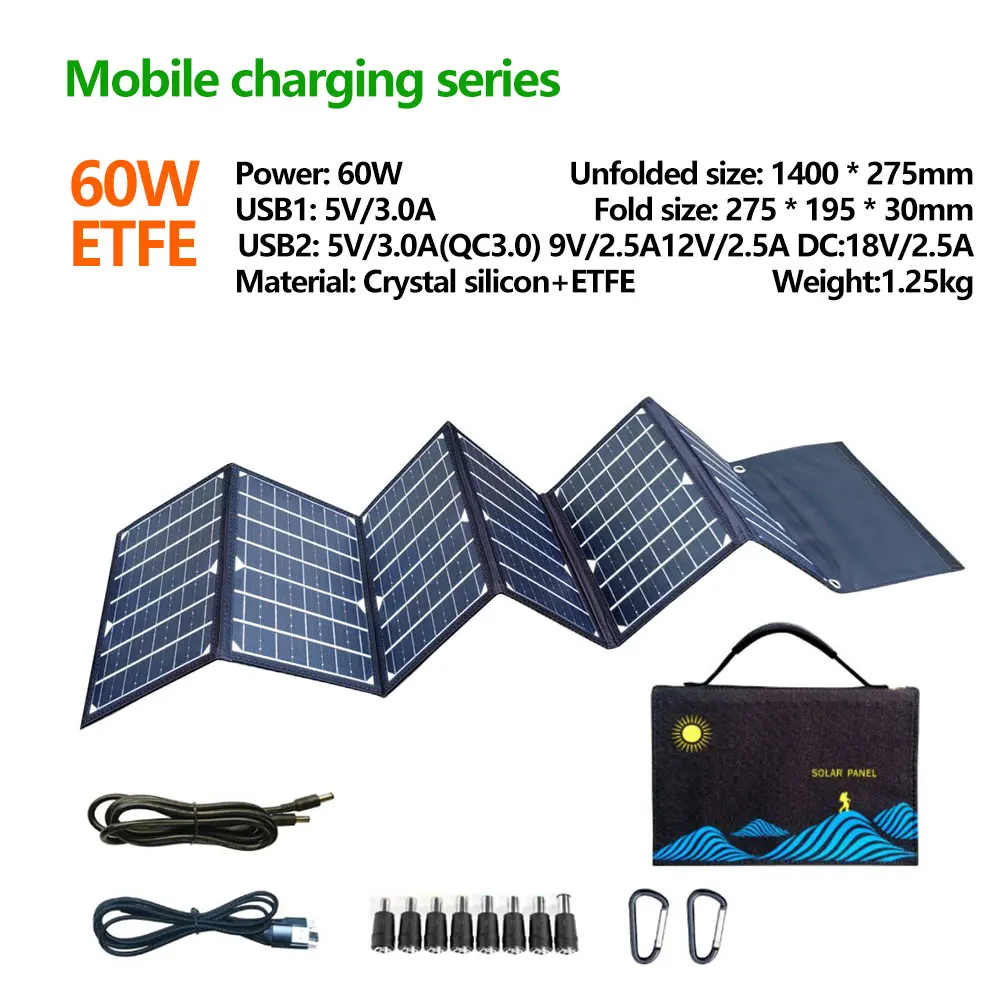 Tarrahaw 60w Etfe Solar Panel ETFE Solar Folding Pack DC18V USB QCFast Charger Outdoor Waterproof Portable Folding Solar Panel