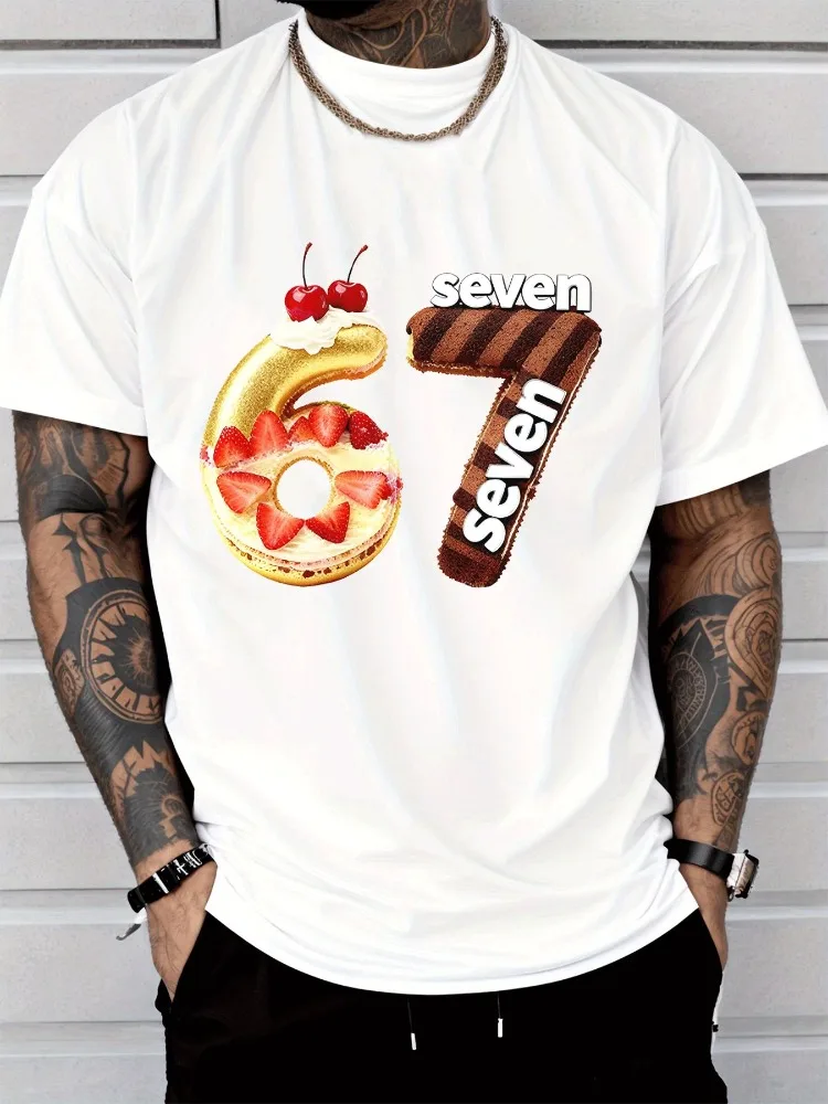 Men Summer Cotton Tee 67 Donut Strawberry Cherry Chocolate Number Graphic Food Lover Casual Short Sleeve Streetwear Fashion Top