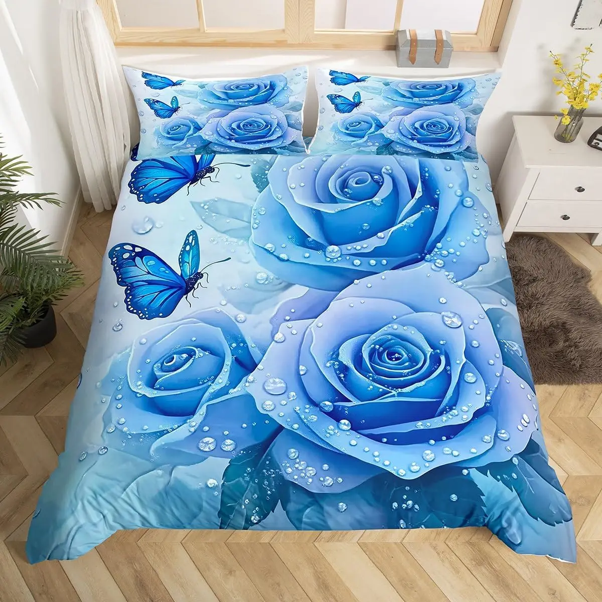 Rose Butterfly Duvet Cover Set Full King,Spring Theme Botanical Floral Comforter Cover Wild Animal Rustic Farmhouse Bedding Set