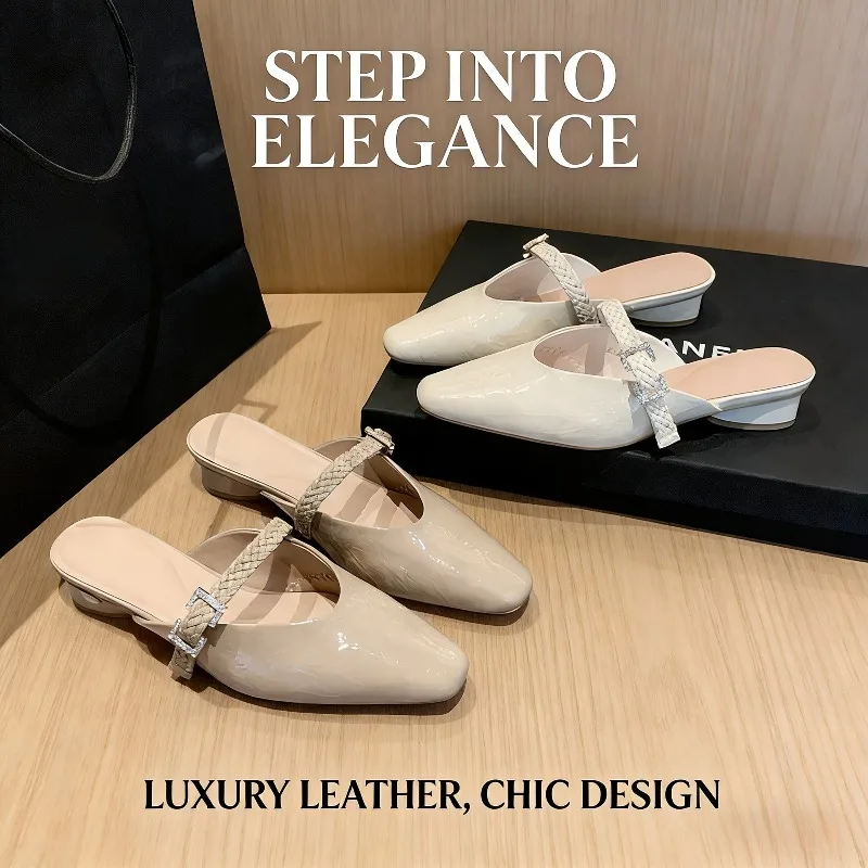 

French Square Toe Mary Jane Half Slippers Summer Women's Shoes 2026 New Fairy Style Braided Strap Thick Heel Mules