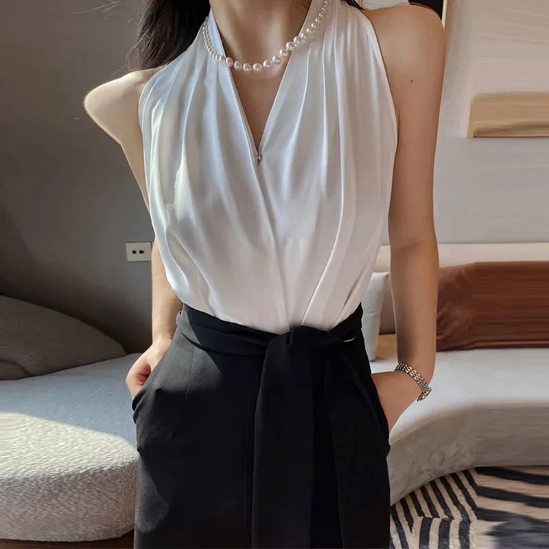 French Hepburn Halter Neck Jumpsuits Women Elegant Black And White Contrast Color Jumpsuit Party Ladies Summer Wide Leg Pants