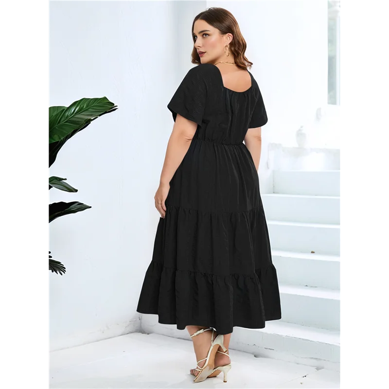 ASDS-Womens Plus Size Summer 2025 Midi Maxi Dresses Short Sleeve Sweetheart Neck Elastic Waist Boho Beach Dress