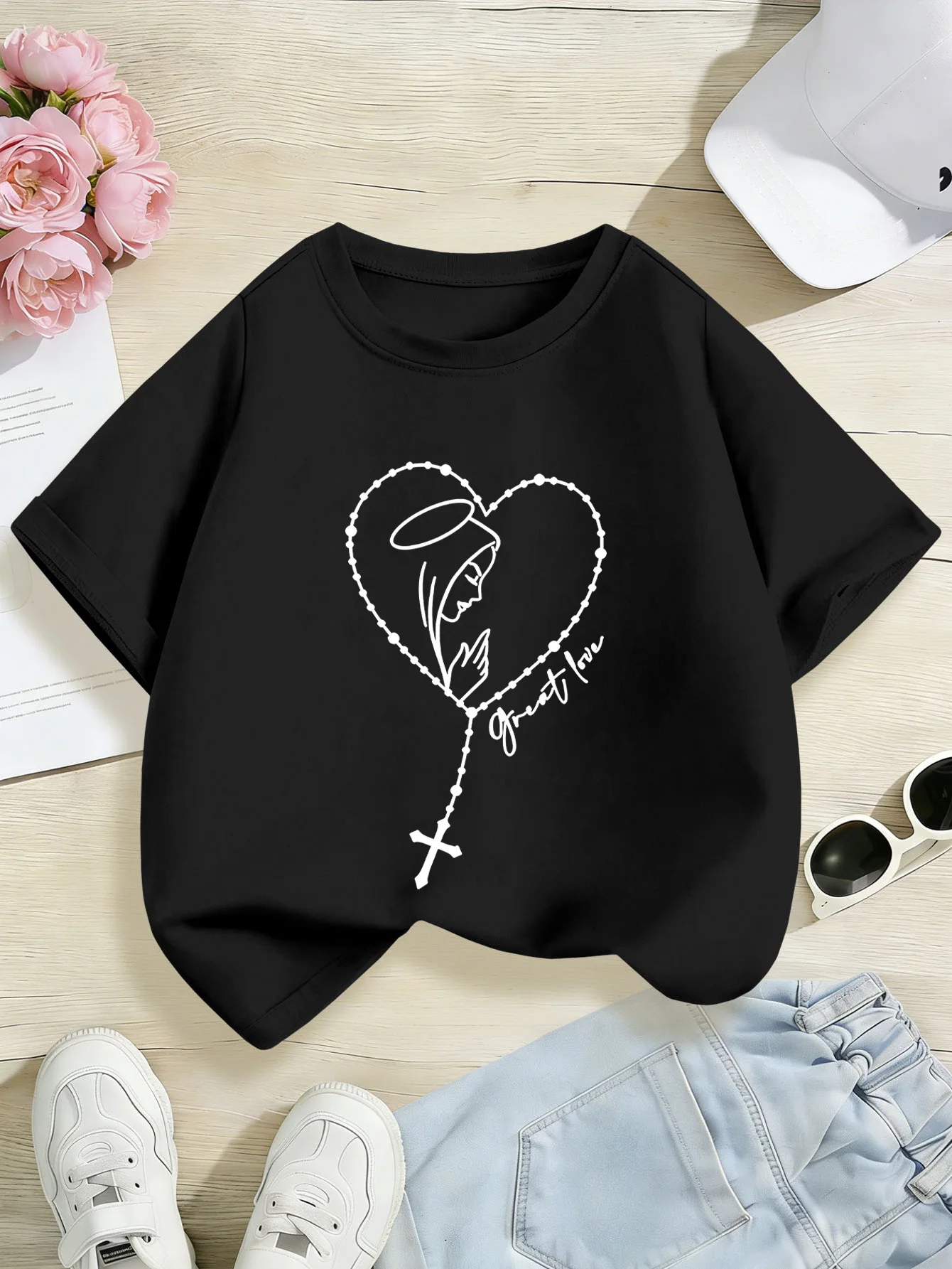 Praying Virgin Mary Heart Shaped Rosary Print Kids T Shirt Boys Girls Family Matching Parent Child Summer Crew Neck Casual Tee