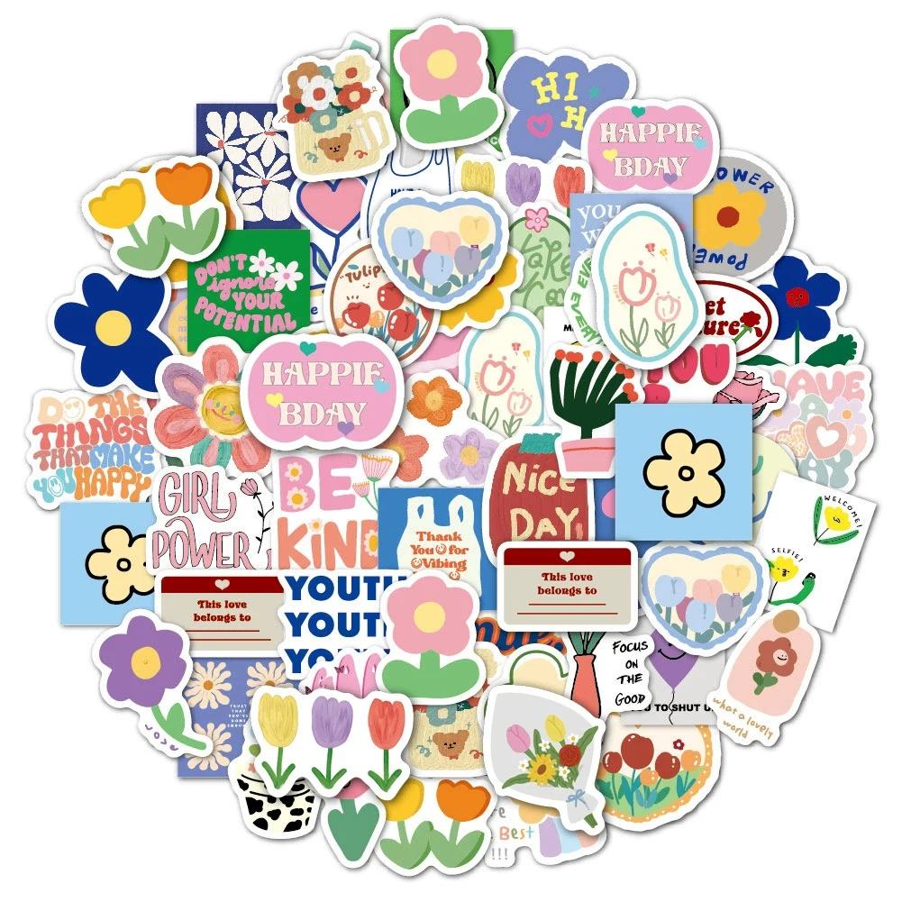 60pcs Little Flower Smile Stickers Cartoon Cute Simple Ins Graffiti Decoration Water Cup Computer Luggage Flower Stickers