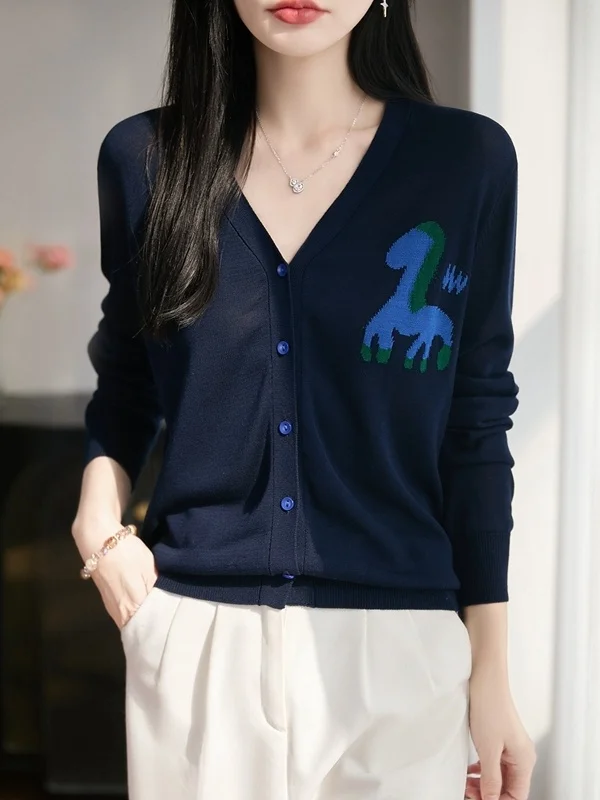 

Elegant V-Neck Knitted Cardigan Women's Slim Fit Long Sleeve Fashionable Floral Patterned Open Front Sweater Spring 2026