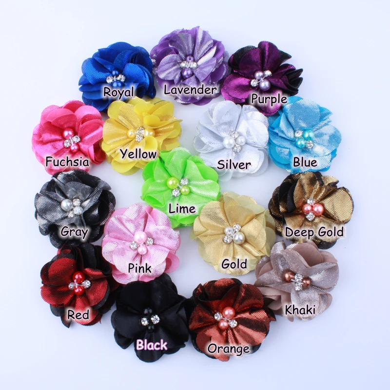 20PCS 5.5CM Fashion Ruffled Metallic Fabric Flowers With Pearls For Hair Clip Lovely Flora Flower For Shoes Apparel Headwear