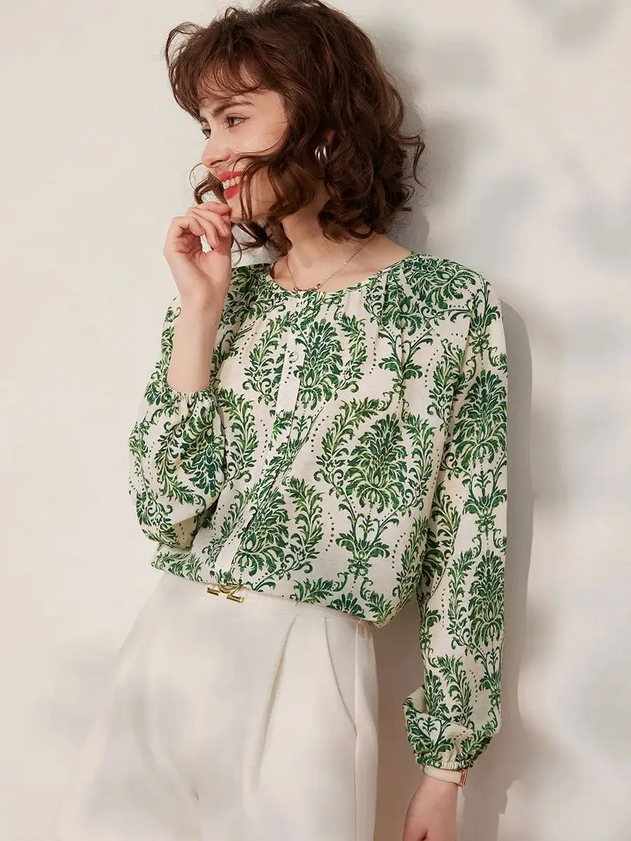 LOUIS YAO Women Shirt 2024 Spring New Round Neck Long Sleeve French Style Fashionable Casual Loose Fit Retro Print Blouses Top