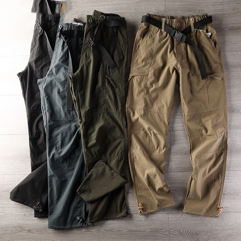 Summer New Elastic Waist Solid Color Straight Pants Man Thin Style High Street Comfortable Pockets Patchwork Drawstring Trousers