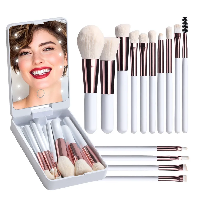 14-Piece Makeup Brush Set Rechargeable Luminous Mirror Short Portable Design for Easy Storage And Travel Cosmetic Brushes Kit