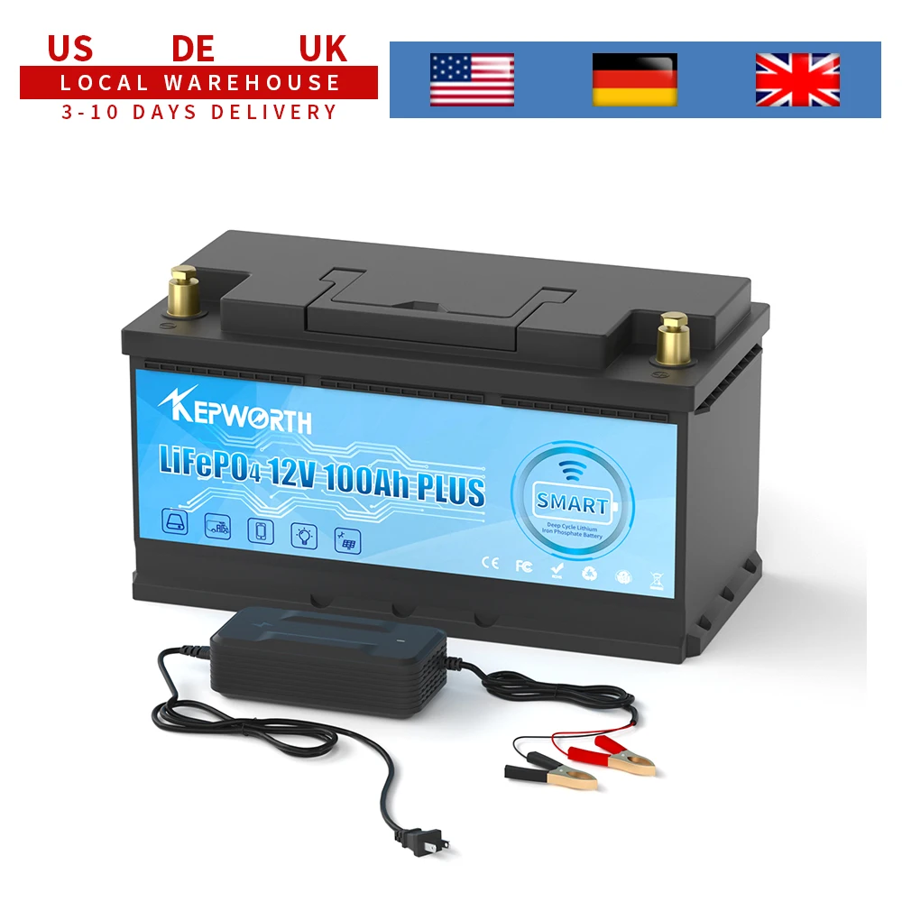 KEPWORTH 12V 100Ah LiFePO4-Batterie mit Smart 100A BMS Tiefzyklus-Lithiumbatterie für Wohnwagen, Camping, Boote und Wohnmobile