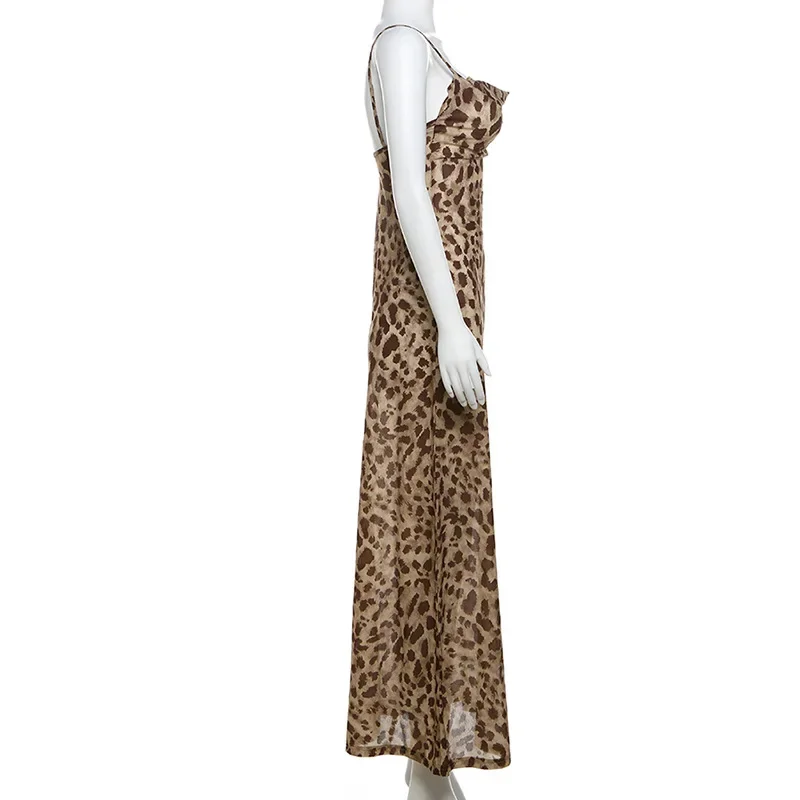 Otoño Invierno estampado de leopardo espalda descubierta Y2K Maxi Vestido Sexy fiesta Club trajes mujeres sin mangas cuello pico ceñido vestidos Vestido