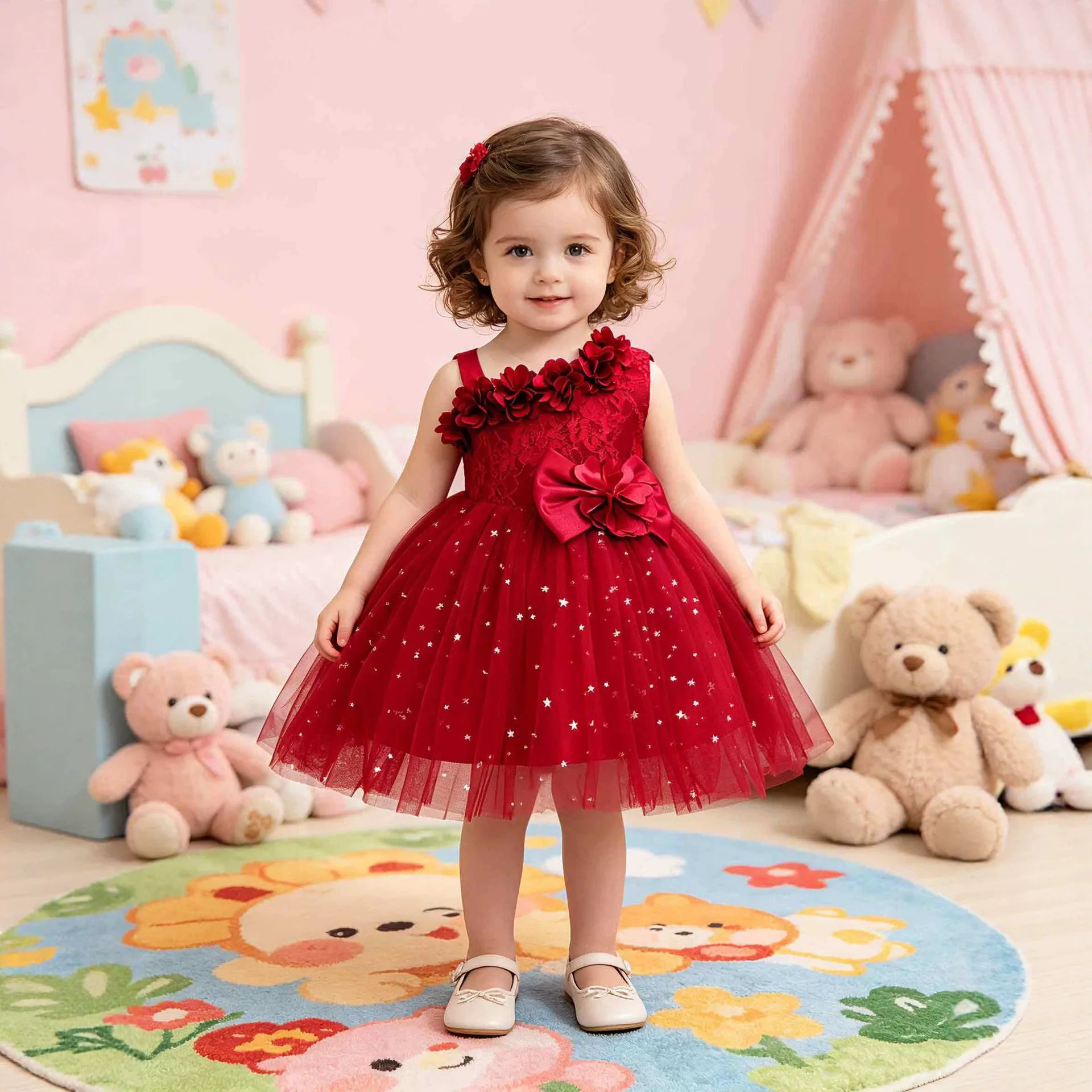 custom-luxury-dress-flower-girl-wedding-gown-pageant-catwalk-red-sling-lace-floral-star-tulle-kid-luxe-bday-guest-formal-gown