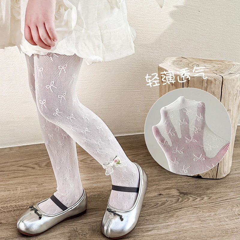 Lovely Girls Flower Lace Bow Decor Footed Tights Lightweight Elastic Waist Cute Style Pantyhose For Daily Wear Dressing Outfits