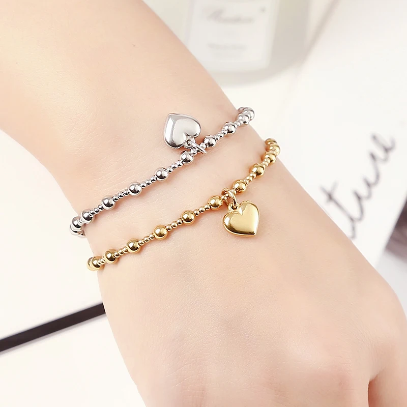 Waterproof Non Fading Metal Stainless Steel Jewelry Girl Party Durable Solid Round Beads Smooth Heart-Shaped Elasticity Bracelet