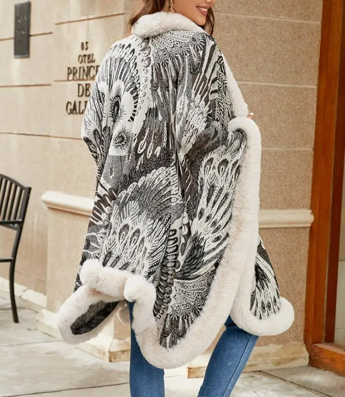 Women's Elegant Cardigan 2025 Autumn Winter Latest Peacock Flower Knitted Cloak Thick Warm Shawl Coat Open Front Jacket Top