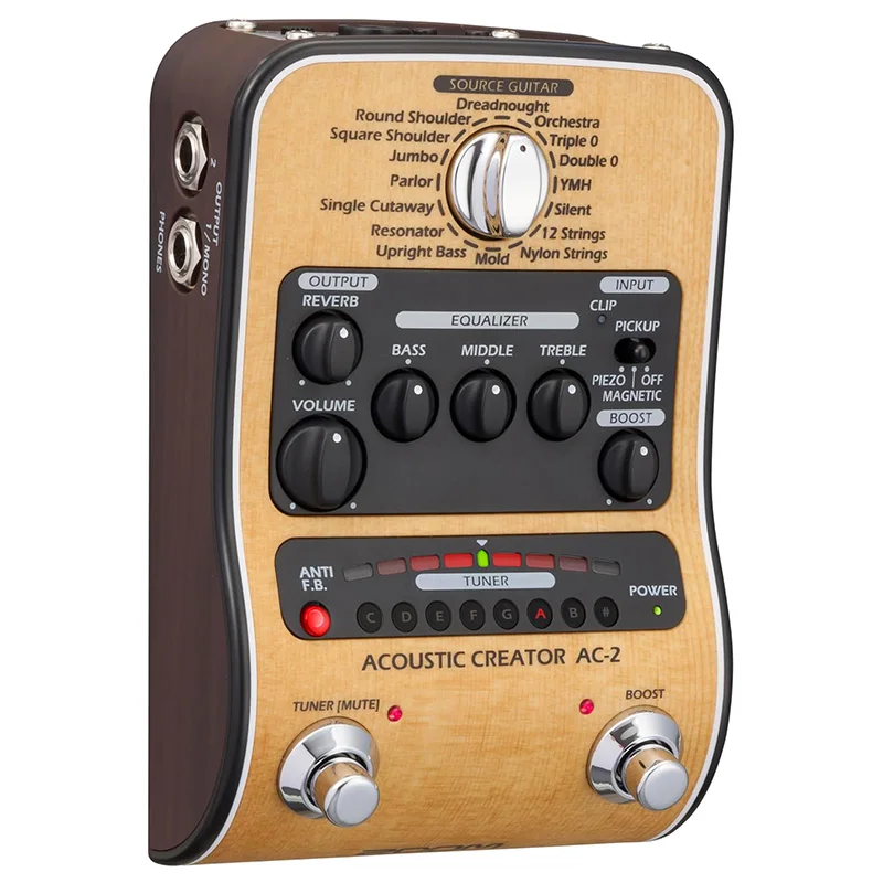 ZOOM AC-2 Preamp Acoustic Guitar Pedal with DI with Tone Restoration, Tuner, Reverb, EQ, and Anti-Feedback