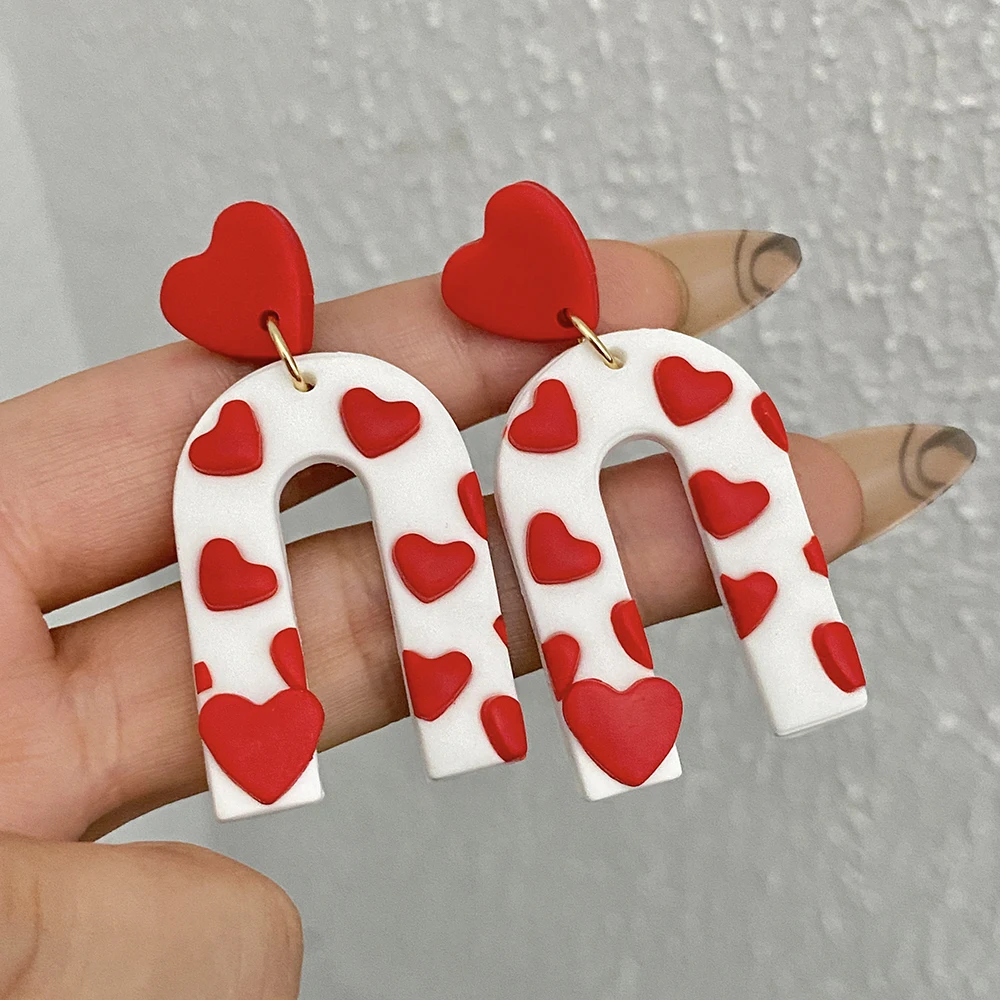 Lifefontier Valentine's Day Handmade Polymer Clay Earring Unusual 3D Red Heart Arched Shape Long Drop Earrings For Women Girls