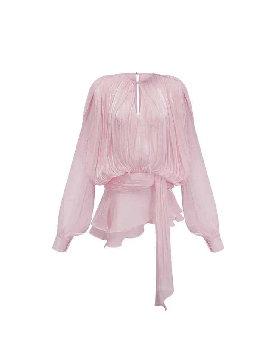 Minivestidos lisos de retazos con cordones para mujer, vestido de diseñador de cintura alta y manga larga con cuello redondo, estilo de moda femenina, malla transparente P4A