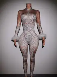 Sexy White Lace Rhinestones Jumpsuit Woman Singer Stage Bodysuit Costume Party Celebrate Unitard Glisten Stones Outfit Baileisi