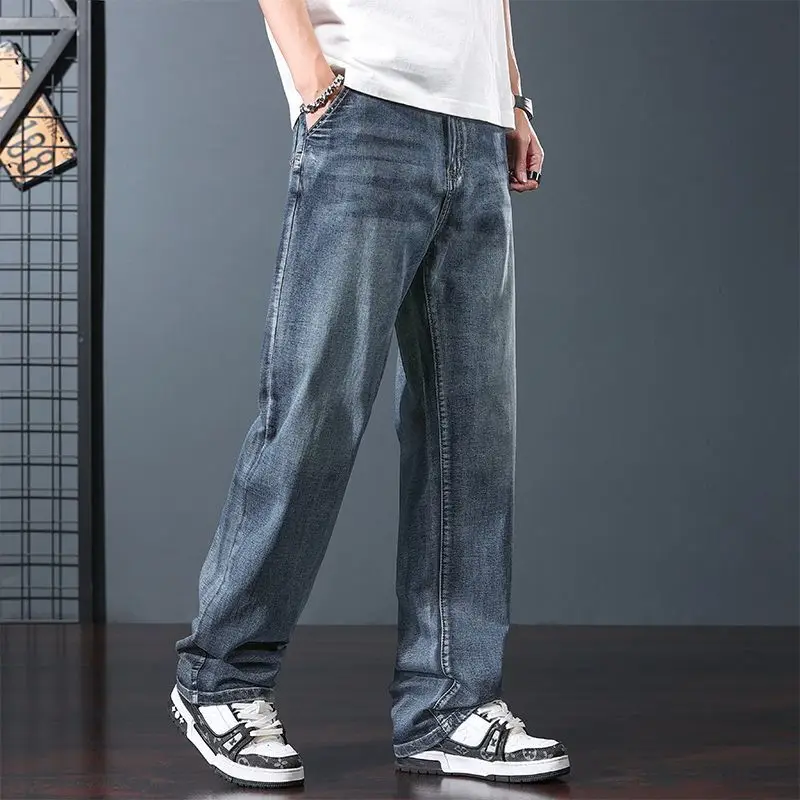 Men's Stretch Loose Straight Jeans Summer Thin Lightweight Business Casual Pants 2026 New Versatile Trousers