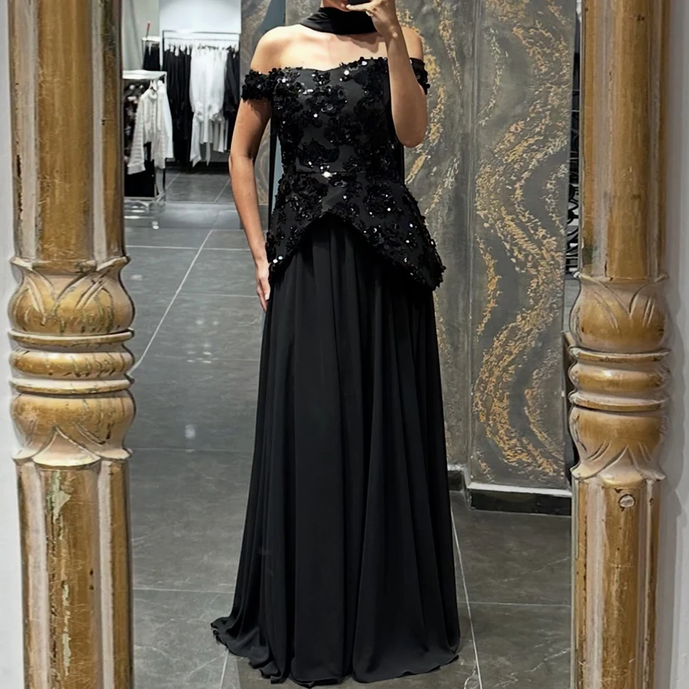 

Customized A-line Evening Dresses Floor-length Off The Shoulder Sleeveless Prom Gown Fashion Sequined Stole Draped Party Gown