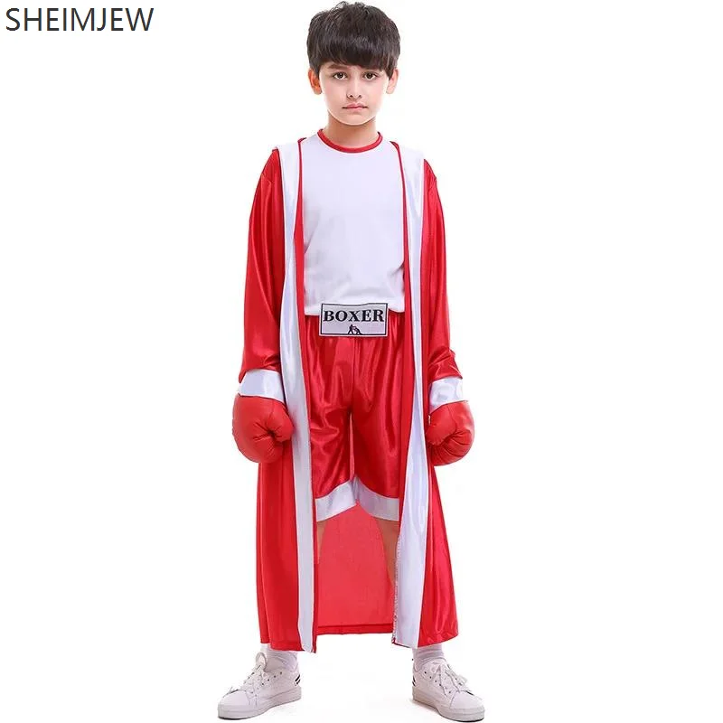 Halloween Enfant Red Blue Boxer Costume Niños Jumpsuit Cape Movie Robe Competition Role Play Stage Performance Sports Uniform