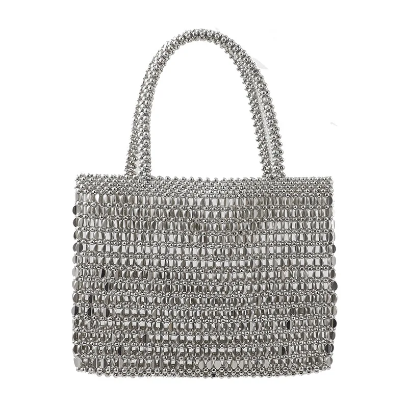 Vintage Handmade Ladies Handbag Weave Beaded Fashion Silver Color Shining Sequin Shoulder Bag Clutches Womens Party Handbag 2022