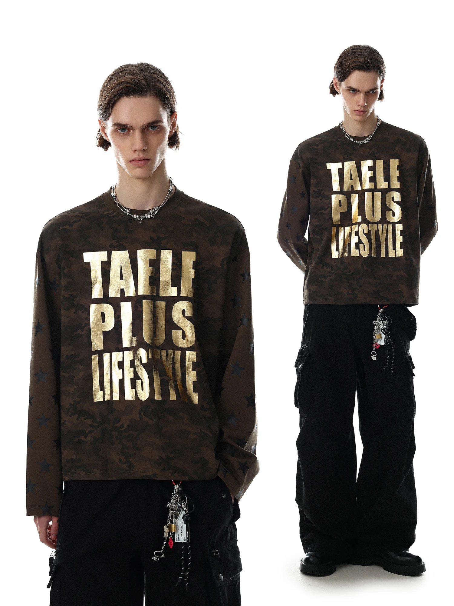 American Style Vintage Camouflage Letter Print Long Sleeve T-Shirt Men Loose Street Fashion Brand Versatile Top