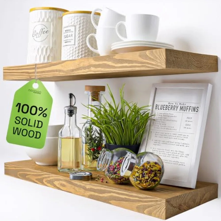 

Natural Wood Floating Shelves for Wall 24 inch - Floating Wall Shelves for Kitchen Bedroom - Wooden Bathroom Sh