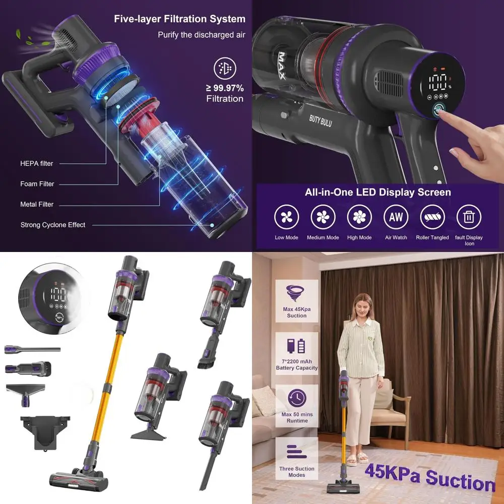 Handheld 4-in-1 Rechargeable Vacuum Cleaner for Home and Pet Hair, 45KPa Suction, 50-Minute Run Time, LED Display