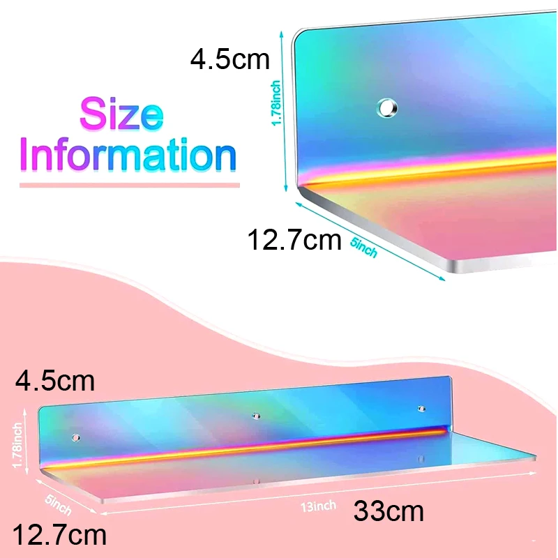 Iridescent Acrylic 13 inch 2 pcs Length L-shape rainbow shelf wall-mounted bookshelf bath bedroom living room display stand