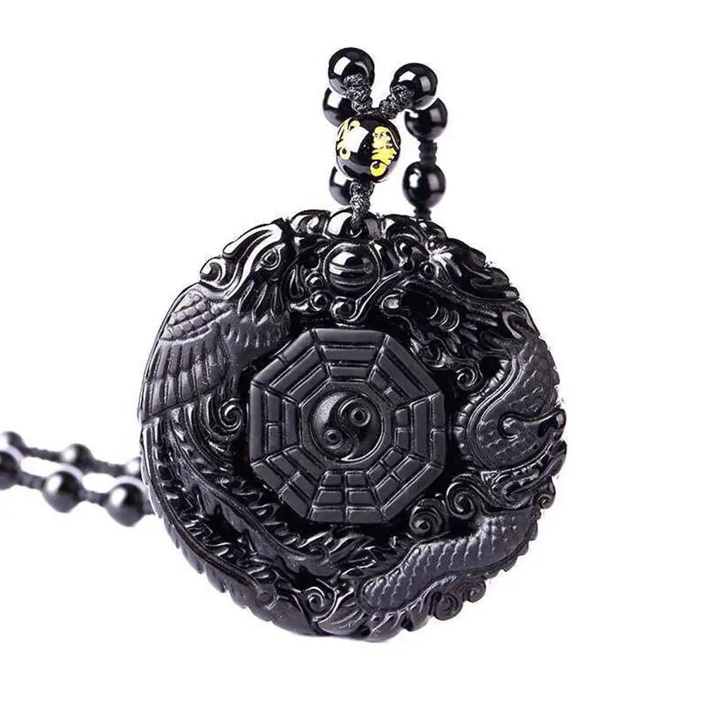 Natural Black Obsidian Hand Carved Chinese Dragon Phoenix Amulet BaGua Necklaces For Men Women Luck Mascot Amulet Male Necklace