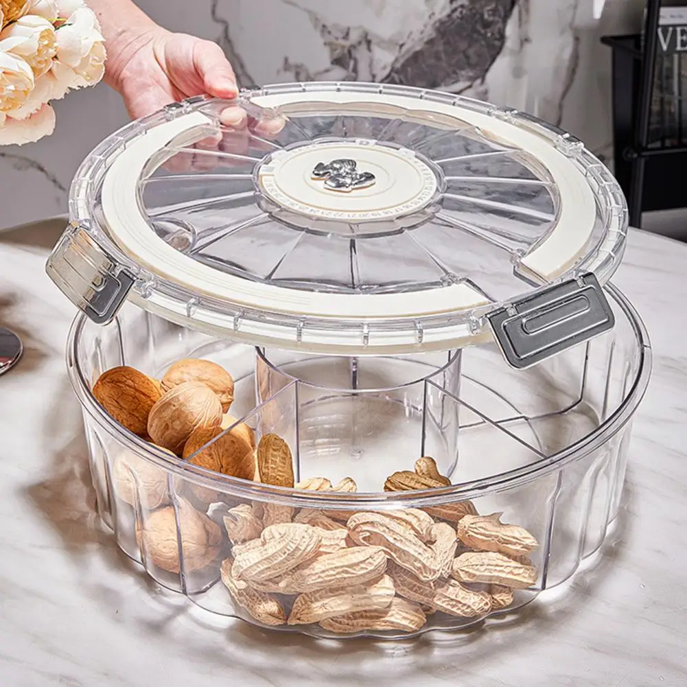 Travel Snack Organizer Rotating Snack Tray with Lid Handle 6-compartment Divided Serving Platter Portable Spinner for Snacks