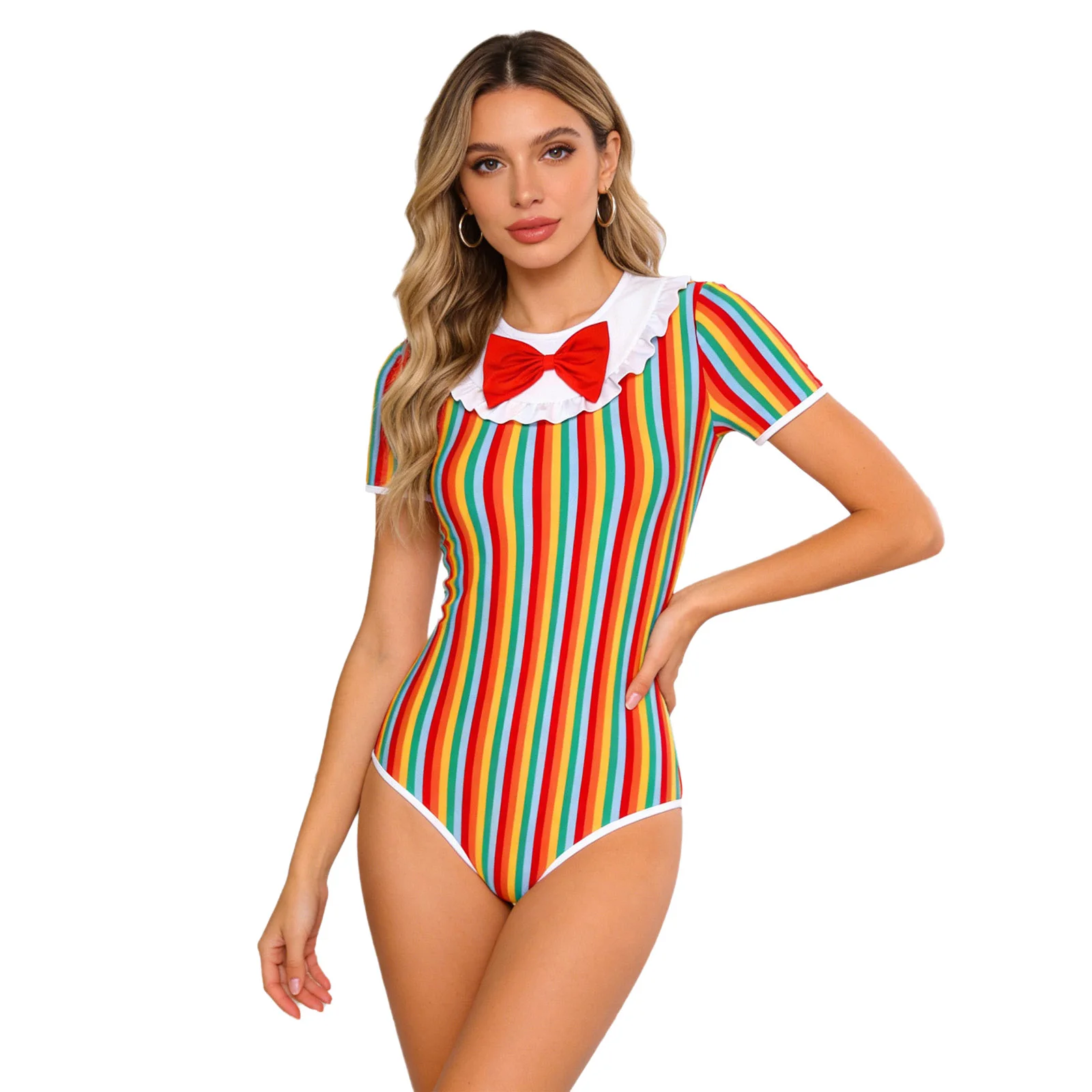 

Womens Striped Pajamas Bodysuit Bow Ruffled Short Sleeve Sleep Jumpsuit Halloween Carnival Theme Party Circus Role Play Dress Up