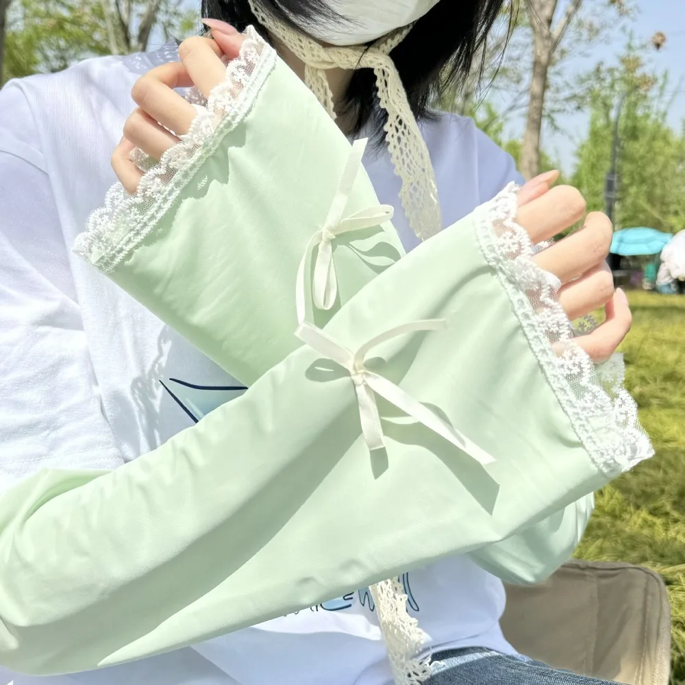Manchons de bras en soie glacée avec nœud à la mode, Protection UV évasée, manchons de bras de Protection solaire, manchette en dentelle, grande couverture de bras de cyclisme d'été