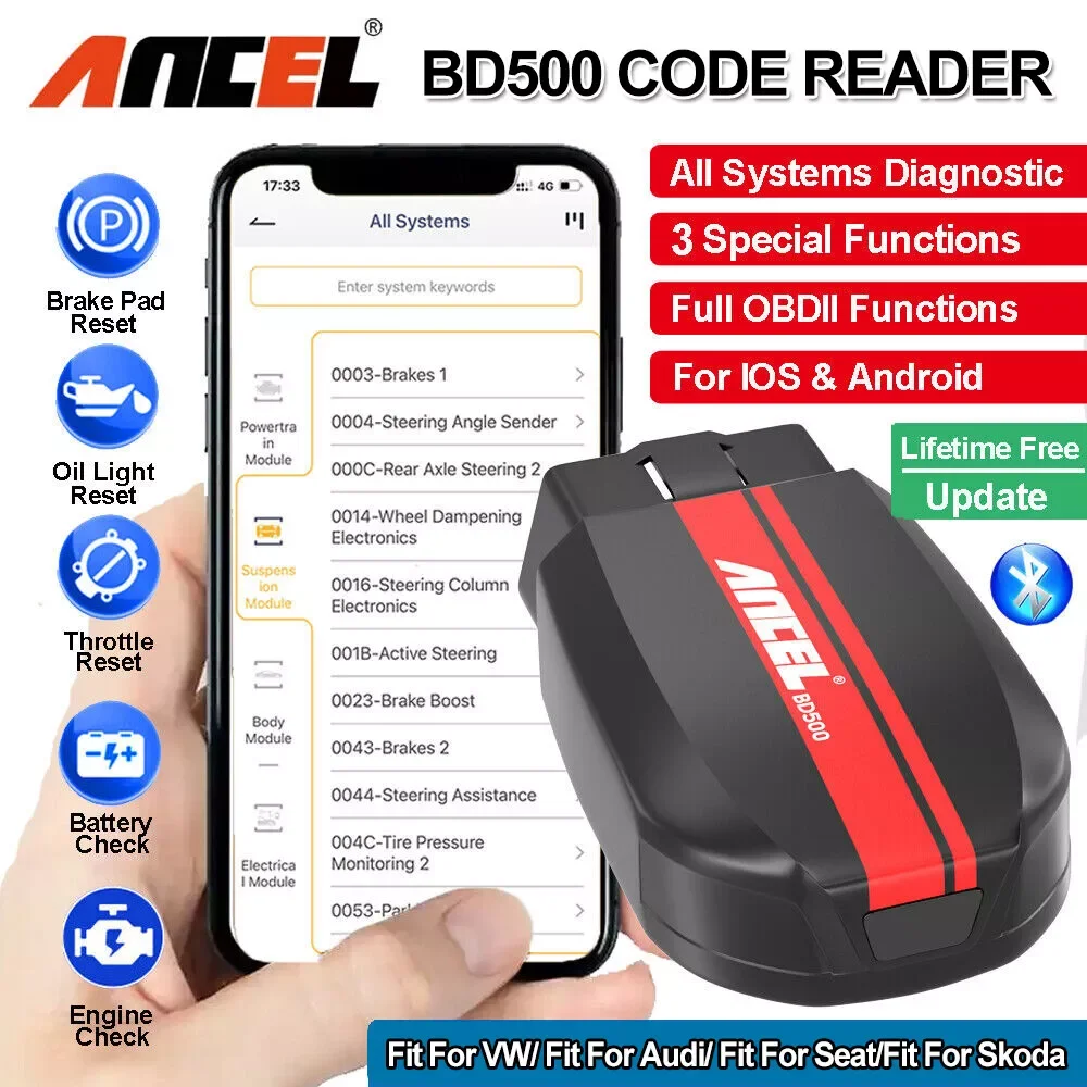 ANCEL BD500 obd2 Bluetooth 5.0 Scanner All System Car Code Reader with EPB /Throttle Learning for VW Audi Service Seat Skoda